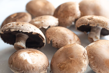 Rustic set with Champignon mushrooms on a white marble table background. Healthy organic vegan food. Top view. Healthy meal. Fresh food. Soft selective focus