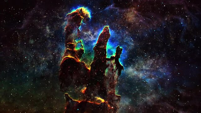Space Exploration Messier 16 The Eagle Nebula. Fly to glowing and sparking star field Galaxy and Nebulae deep space exploration. 4K 3D Flight Into NGC 6611 The Eagle Nebula. Furnished by NASA image.