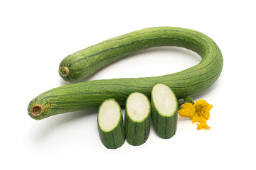 1 Long Luffa Sponge Gourd (Luffa Cylindrica Gourd) and 3 slides and flower isolated on a white background.