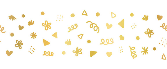 Seamless border with golden decorative party sprinkle scribble doodle shapes. Repeating horizontal banner vector pattern metallic gold foil. For footer, divider, ribbon, trim, party decor, birthdays