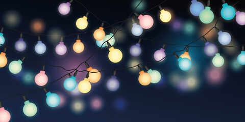 Color String lights illustration on a night background - Festive celebration, party, birthday design