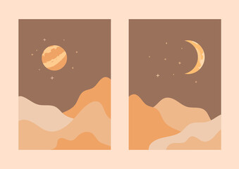Set of 2 abstract landscapes with textured moon and sun. Night scenery with curve mountains. Vector illustration for poster, card, branding in trendy style. Natural orange and pastel beige colors