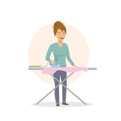 cheerful young woman ironing clothes for family, household chores isolated vector illustration