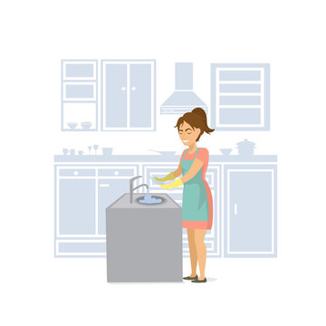 cute cheerful cartoon woman washing dishes in the kitchen sink vector illustration