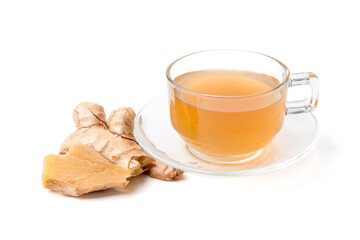 Ginger water and fresh ginger isolated on a white background. Ginger is a useful herb and has medicinal properties.