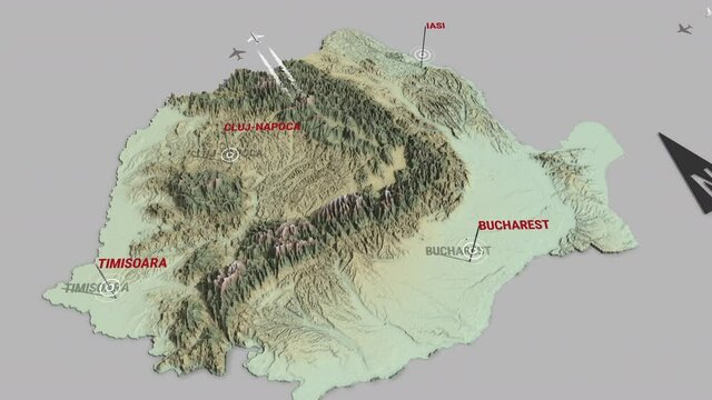 Seamless looping animation of the 3d terrain map of Romania with the capital and the biggest cites in 4K resolution