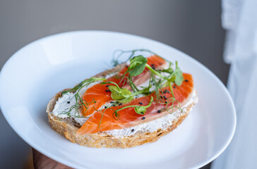 open sandwiches with cereal bread and salmon, close up, selective focus