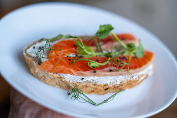 open sandwich with cereal bread and salmon, close up, selective focus