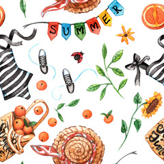 Hand-drawn watercolor bright seamless pattern. Colorful illustration with  summer mood with oranges, melon, ice cream, straw hat, bathing suit, fruits,  flowers, seashells ets on white background