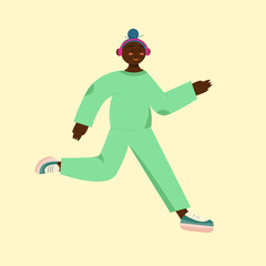 Obraz premium Afro american black skin girl runs in bright clothes with headphones 