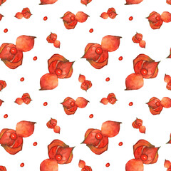 Orange watercolor physalis seamless pattern. Autumn berry illustration. Botanical background.Design for home decoration, fabric, wallpaper, gift wrap, stationery, textile, wrapping, packing.