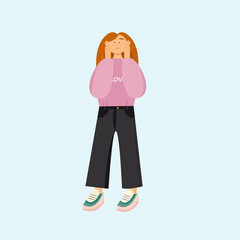 A girl with red hair with hands on her face is upset in bright clothes. Vector flat illustration