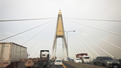 Wide angle & Blured, Kanchanaphisek Bridge while the car was running across ,The Chao Phraya River, Bangkok