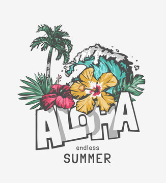 Aloha Slogan With Hibiscus And Ocean Wave Graphic Illustration