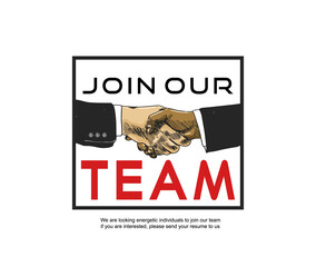 Join our team concept poster design with colored shaking hands on square. Vector illustration hand drawing style