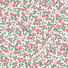 Romantic vintage seamless gouache pattern with flower, leaves in pink, green and white color palette. Design for home decoration, fabric, wallpaper, gift wrap, stationery, textile, wrapping, packing