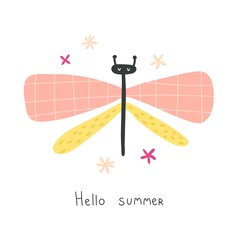 hello summer. Cartoon dragonfly, hand drawing lettering, decor elements. colorful vector illustration, flat style. design for cards, print, posters, logo, cover