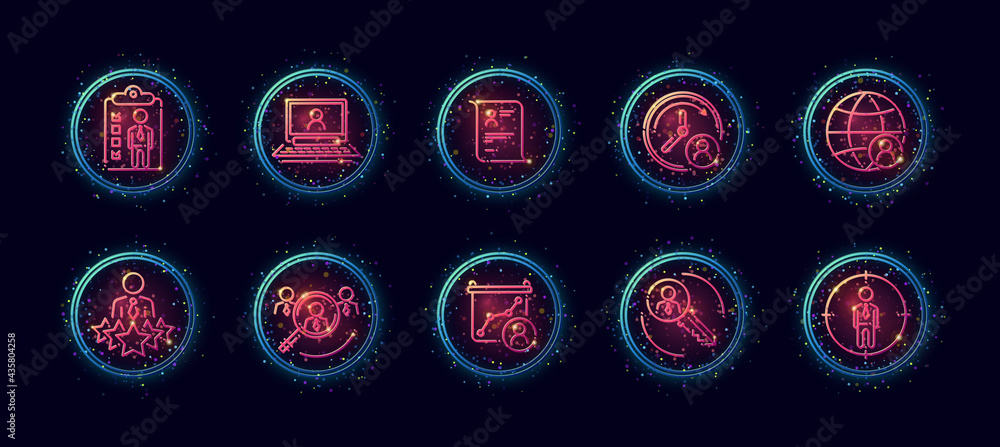 Poster 10 in 1 vector icons set related to human resources theme. lineart vector icons in geometric neon gl