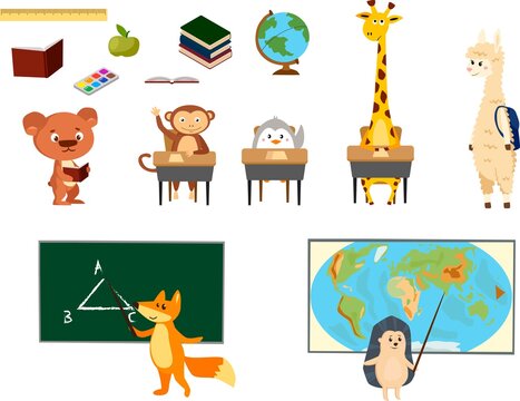 Back to school Animals hand-drawn style, education theme. Cute characters. Bear, penguin, llama, monkey, fox, giraffe, and hedgehog. Vector illustration.