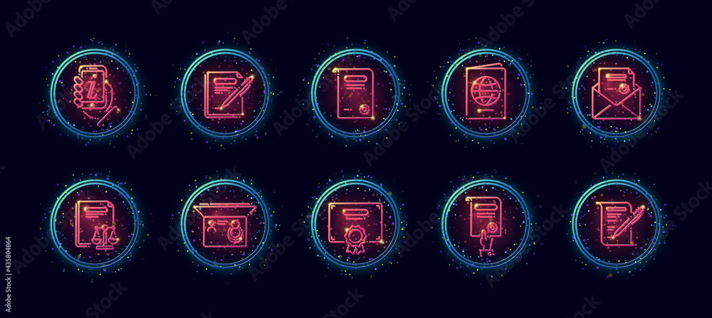 Poster 10 in 1 vector icons set related to legal document theme. lineart vector icons in geometric neon glo