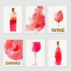Watercolor abstract wine background with red wine bottle