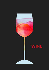 Watercolor abstract wine background with red wine wineglass