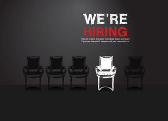 We are hiring concept design with chair hand drawing style black background. One of them has white color represent the hiring position to be filled