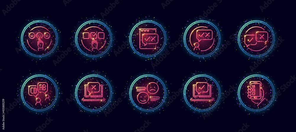 Poster 10 in 1 vector icons set related to business survey theme. lineart vector icons in geometric neon gl