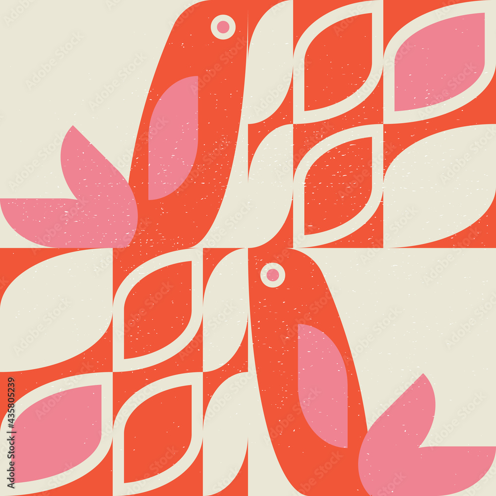 Aufkleber Abstract geometric retro inspired vector seamless pattern.Stylized bird, leaves and flowers in pastel colors. Simple background in traditional decorative folk art scandinavian style.Isolated texture