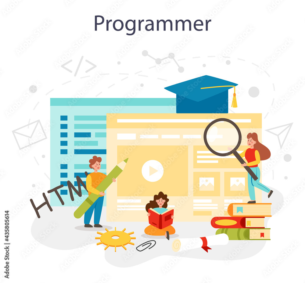 Poster programming concept. it education, student writing a software