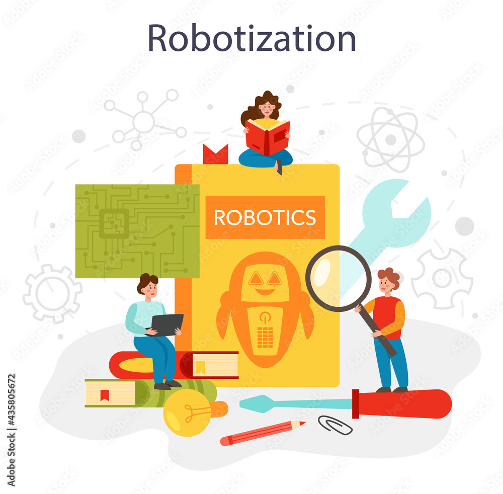Poster robotics school subject concept. robot engineering and programming