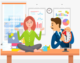 Calm woman meditating at workplace. Boss urges female employee to complete job defore deadline. Girl works quietly in office to do assignments on time. Angry businessman pointing at clock with term