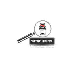 Magnifying glass choosing office chair with vacant sign. We are hiring design with hand drawing style