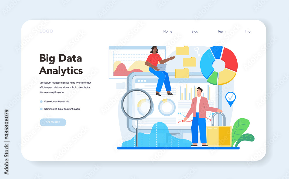Poster business big data analytics web banner or landing page. chart and graph
