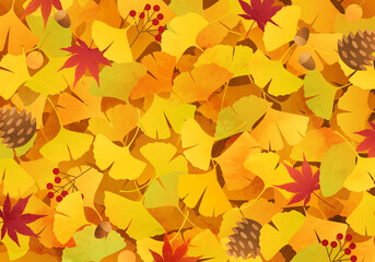 イチョウと紅葉と松ぼっくりなどの秋のベクターイラスト背景(落ち葉、どんぐり、絨毯)