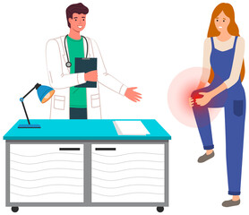 Woman with knee pain at hospital. Physician communicate with patient in office of doctor. Person complains to traumatologist about painful sensations in leg joint. Girl feeling pain in her knee