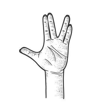 Vulcan salute hand gesture line art sketch engraving vector illustration. T-shirt apparel print design. Scratch board imitation. Black and white hand drawn image.