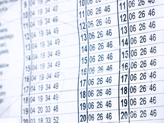 Public transportation, tram, bus stop paper timetable object detail, closeup. Arrival and departure hours table up close, city means of transport, rush hours, puctuality abstract concept, nobody