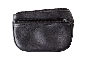 Simple plain old black empty leather wallet opened, unzipped, stolen, robbed, object isolated on white background cut out top view Personal finance, broke and cashless poverty abstract concept, nobody