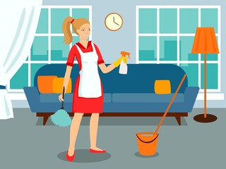 Happy housewife. Cheerful mother, beautiful woman. Cartoon character holds cleaning agents. Vector illustration