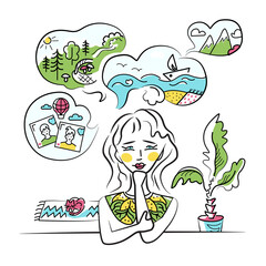 Summer vacation dreams, vector illustration. Girl, woman thinks about Travel to mountains, trip the forest for mushrooms, vacation on  sea beach.