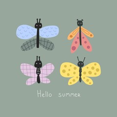 hello summer. Cartoon butterfly, hand drawing lettering, decor elements. colorful vector illustration, flat style. design for cards, print, posters, logo, cover