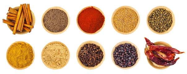 A set of spices in bowls. View from above.