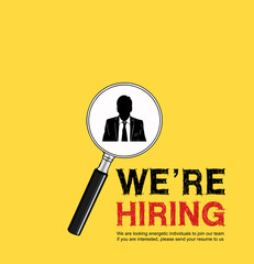 Magnifying Glass choosing businessman illustration. We are hiring concept design on yellow background