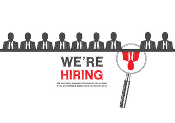 We are hiring concept design with magnifying glass choosing businessman from other candidates hand drawing style