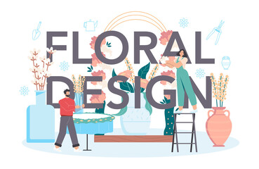 Floral design typographic header. Florist making bouquet for customer