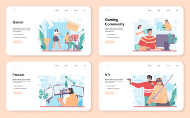 Gamer web banner or landing page set. Person play on the computer video game