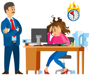 Missing deadline, bad time management. Work in high stress conditions and under hard boss pressure. Scene of tired, nervous, stressed people clutches head at work, many tasks. Deadline metaphors