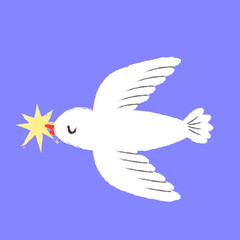 White pigeon fly. Bird with star in beak. Concept of dove nring good news