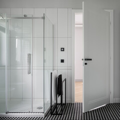 Black and white bathroom with shower